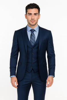 Men’s Navy Modern Fit 3-Piece Vested Suit – Premium Formal Wear for Weddings & Business
