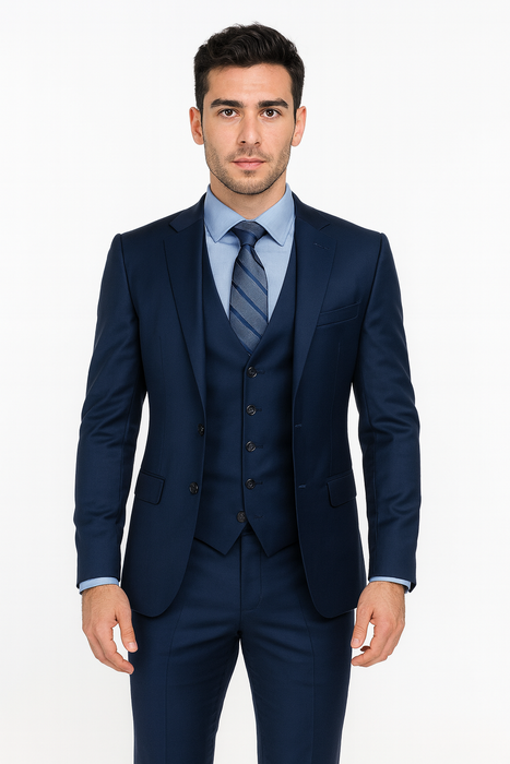 Men’s Navy Modern Fit 3-Piece Vested Suit – Premium Formal Wear for Weddings & Business