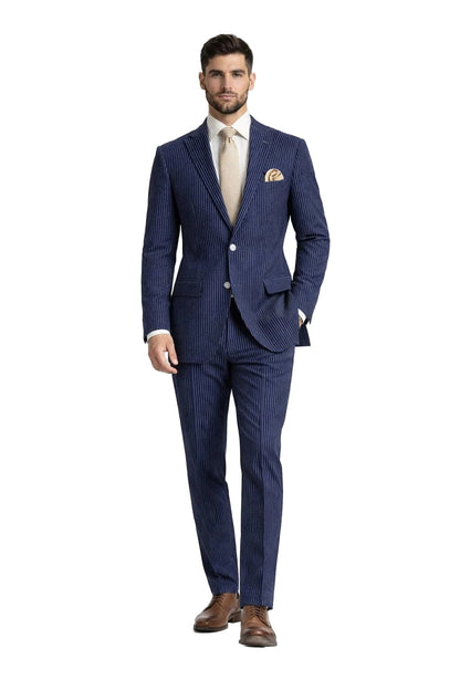 Modern Fit Summer 2 Piece 2 Button Suit Striped Seersucker in Navy