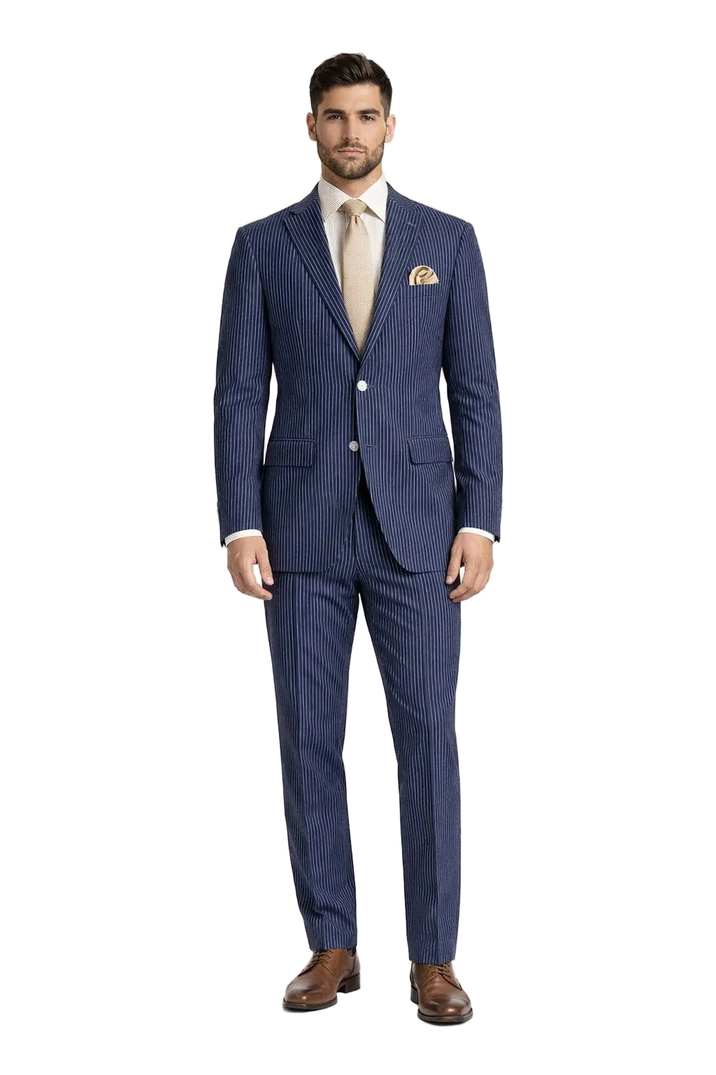 Modern Fit Summer 2 Piece 2 Button Suit Striped Seersucker in Navy