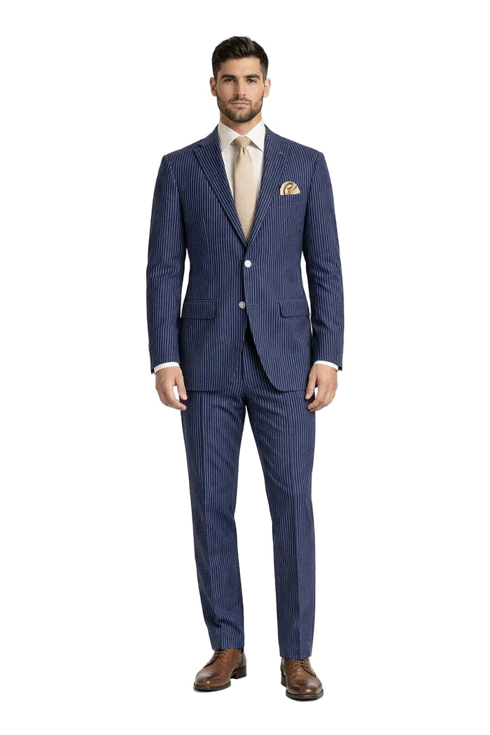 Modern Fit Summer 2 Piece 2 Button Suit Striped Seersucker in Navy