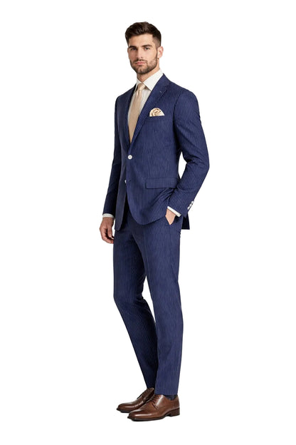 Modern Fit Summer 2 Piece 2 Button Suit Striped Seersucker in Navy