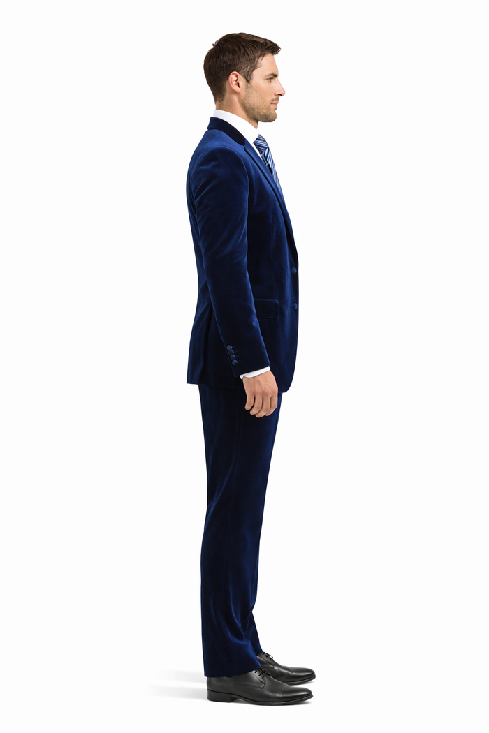 Men's Dark Navy velour Men's blazer Jacket 2 Button Velvet Fabric 3 Piece Vested  Side Vent Suit - Image 3