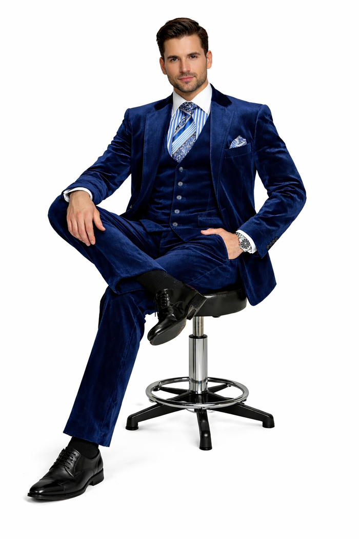 Men's Dark Navy velour Men's blazer Jacket 2 Button Velvet Fabric 3 Piece Vested  Side Vent Suit - Image 5