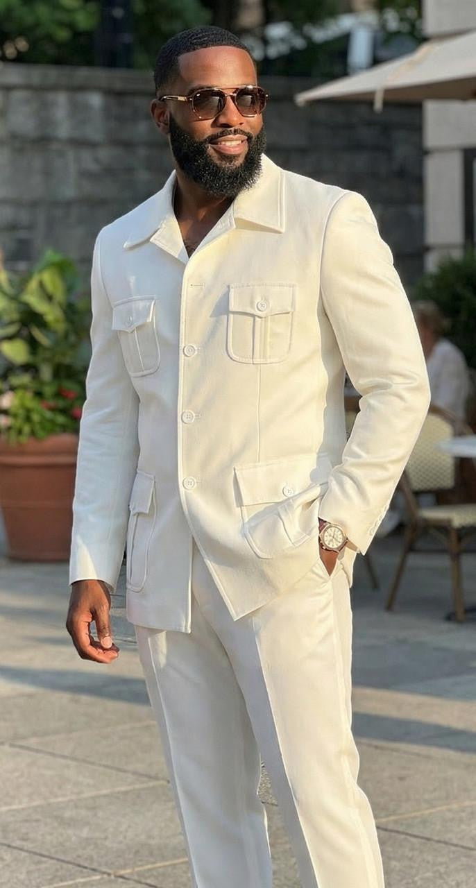 Mens Off White Casual Safari Suit Pocket Front BP8102  Modern Fit