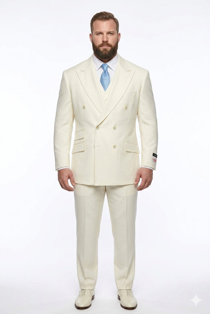 Tiglio Italian Suit - Real Wool Fabric Super 150's EST Off-White, Wide Leg Suit & Vest in Color Off-White
