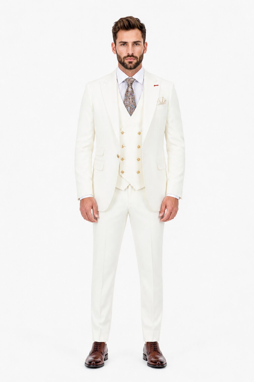Men's Off White Statement Ticket Pocket Peak Lapel Wool Double Breasted Vest Suit with Gold Buttons – Modern Fit