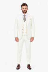 Men's Off White Statement Ticket Pocket Peak Lapel Wool Double Breasted Vest Suit with Gold Buttons – Modern Fit