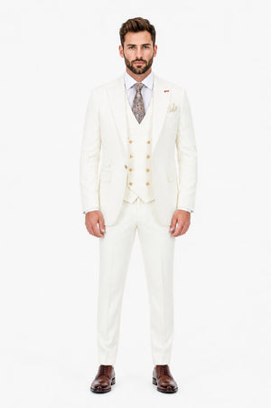 Men's Off White Statement Ticket Pocket Peak Lapel Wool Double Breasted Vest Suit with Gold Buttons – Modern Fit