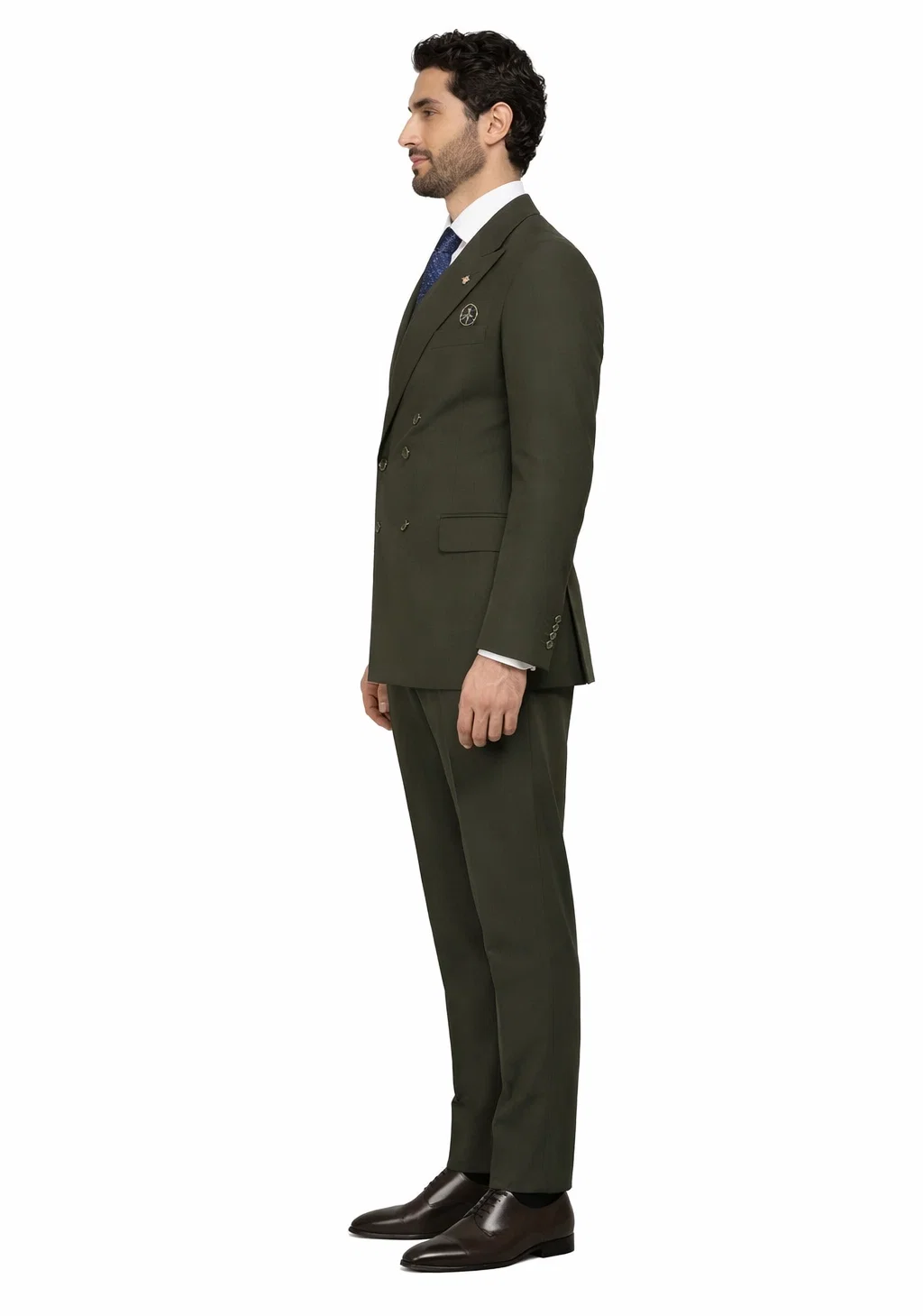 Men'S Olive Green Double Breasted Suits Side Vented Peak Lapel Suit - 6 On 3 Buttons Unique Style With Pleated Pants