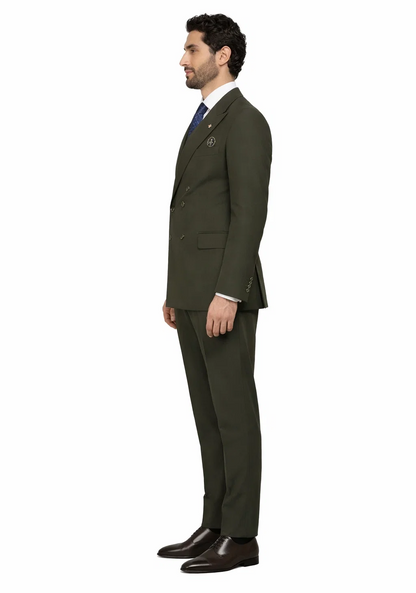 Men'S Olive Green Double Breasted Suits Side Vented Peak Lapel Suit - 6 On 3 Buttons Unique Style With Pleated Pants