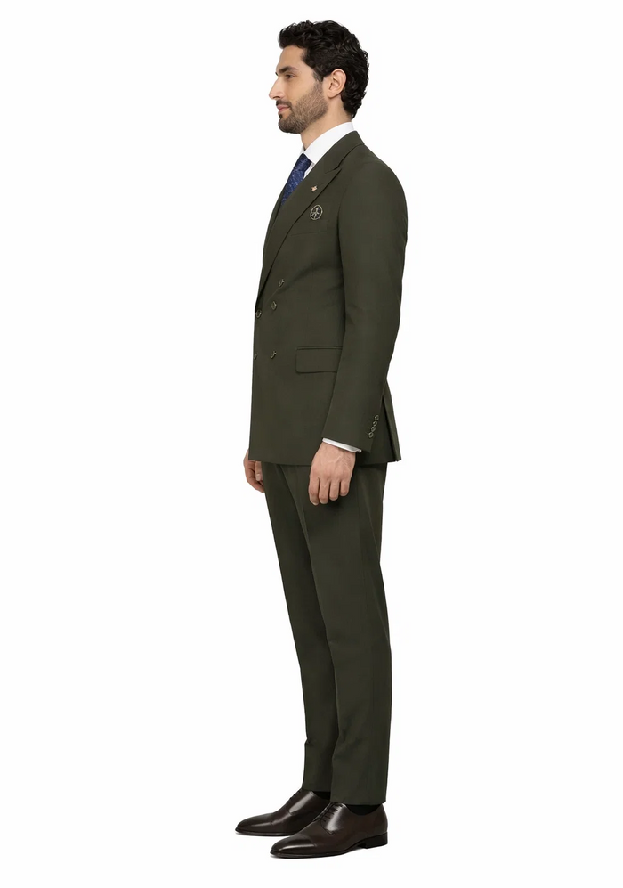 Men'S Olive Green Double Breasted Suits Side Vented Peak Lapel Suit - 6 On 3 Buttons Unique Style With Pleated Pants