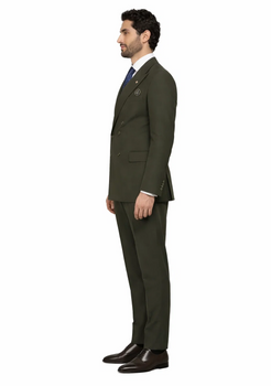 Men'S Olive Green Double Breasted Suits Side Vented Peak Lapel Suit - 6 On 3 Buttons Unique Style With Pleated Pants