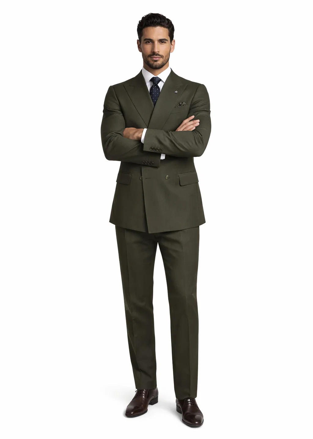 Men'S Olive Green Double Breasted Suits Side Vented Peak Lapel Suit - 6 On 3 Buttons Unique Style With Pleated Pants
