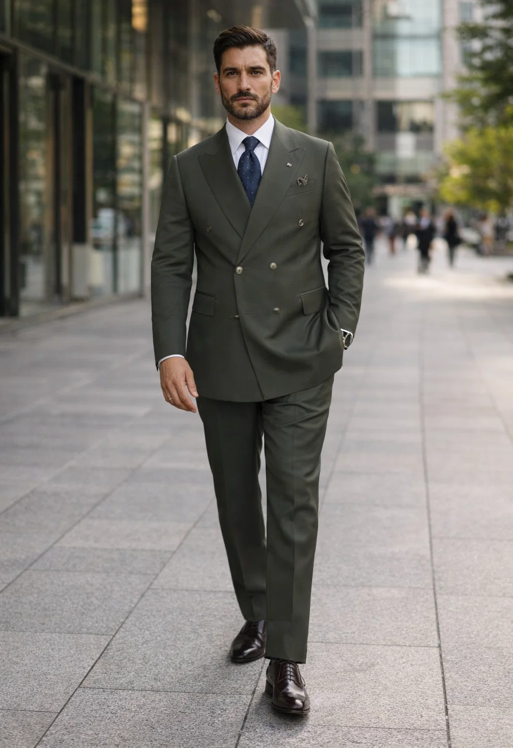 Men'S Olive Green Double Breasted Suits Side Vented Peak Lapel Suit - 6 On 3 Buttons Unique Style With Pleated Pants
