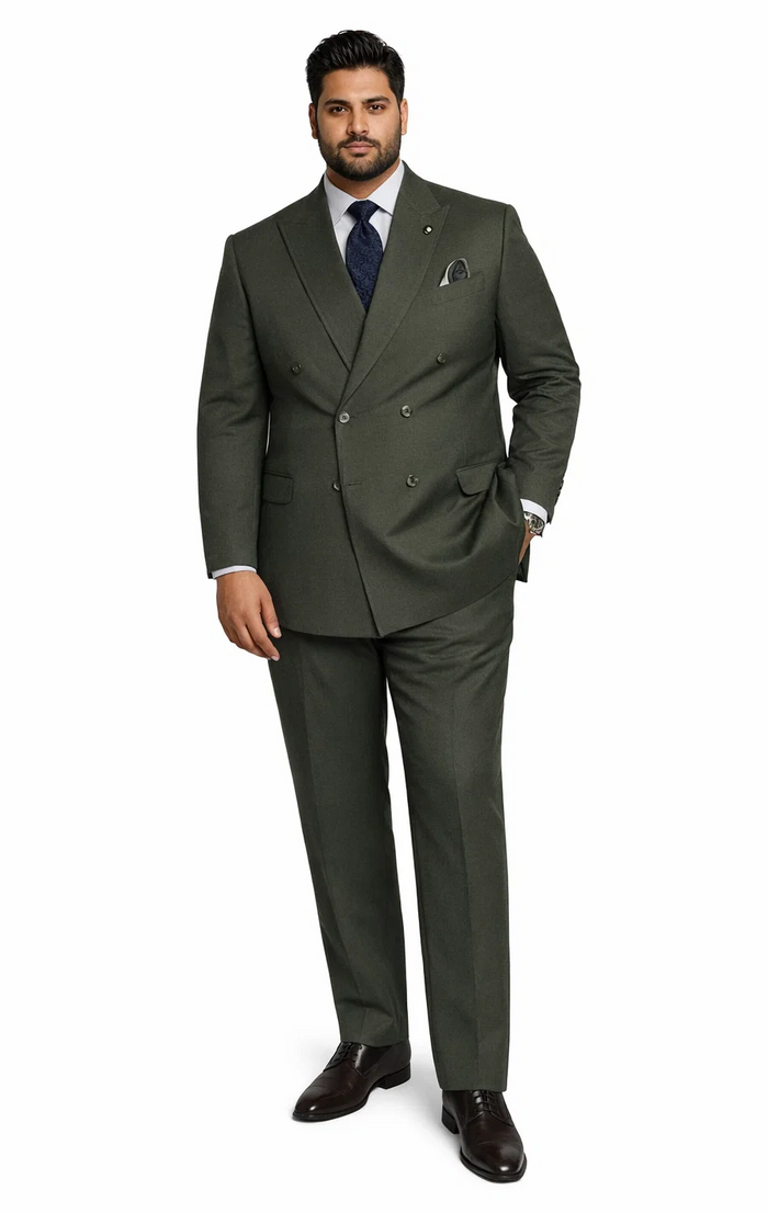 Men'S Olive Green Double Breasted Suits Side Vented Peak Lapel Suit - 6 On 3 Buttons Unique Style With Pleated Pants