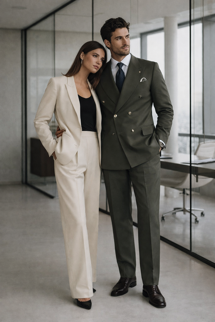 Men'S Olive Green Double Breasted Suits Side Vented Peak Lapel Suit - 6 On 3 Buttons Unique Style With Pleated Pants