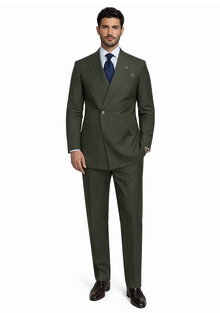 Men'S Olive Green Double Breasted Suits Side Vented Peak Lapel Suit - 6 On 3 Buttons Unique Style With Pleated Pants