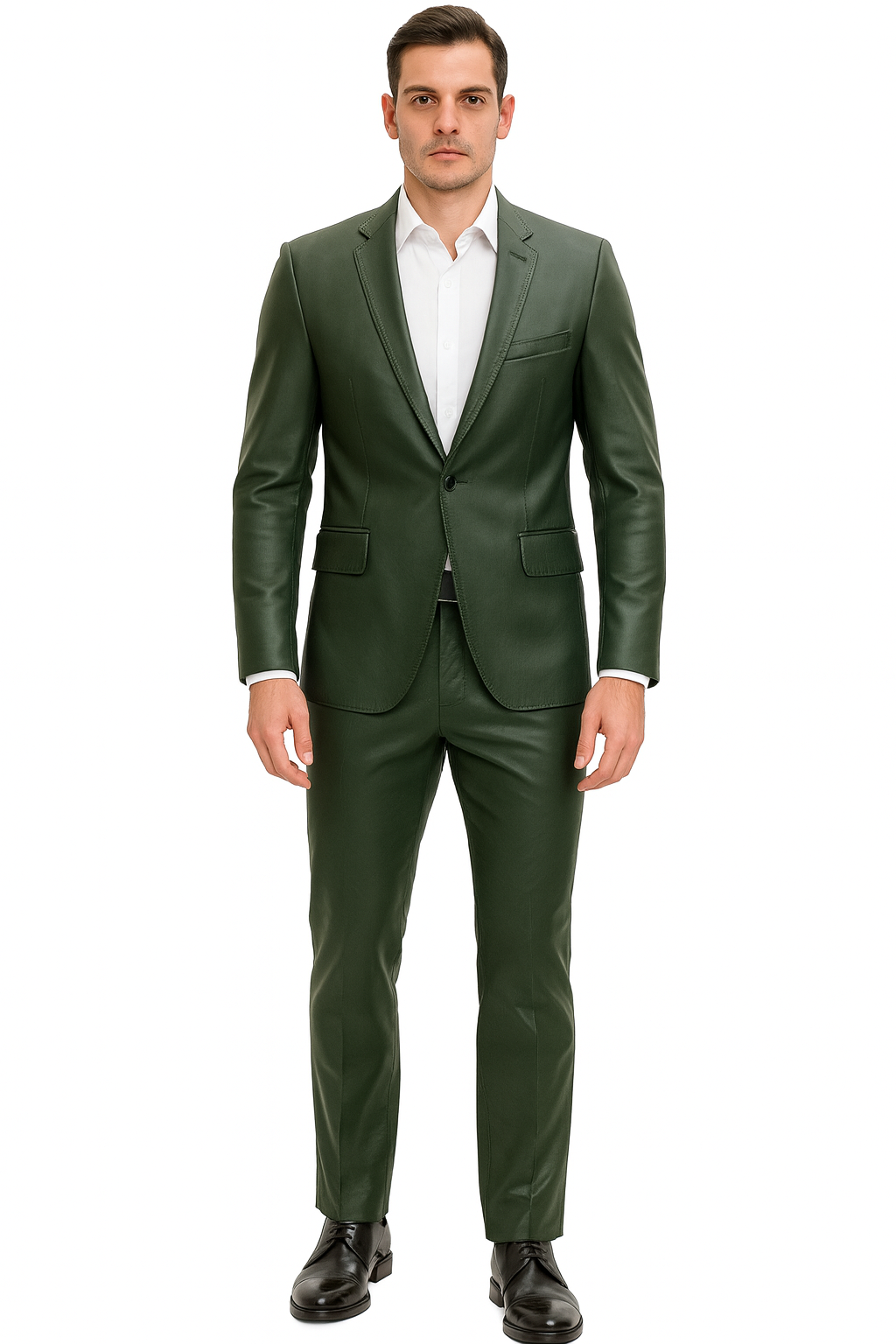 Mens Olive Slim Fit Faux Leather Suit 1 Button Notch Lapel MensUSA Mens Olive Slim Fit Faux Leather Suit 1 Button Notch Lapel MensUSA