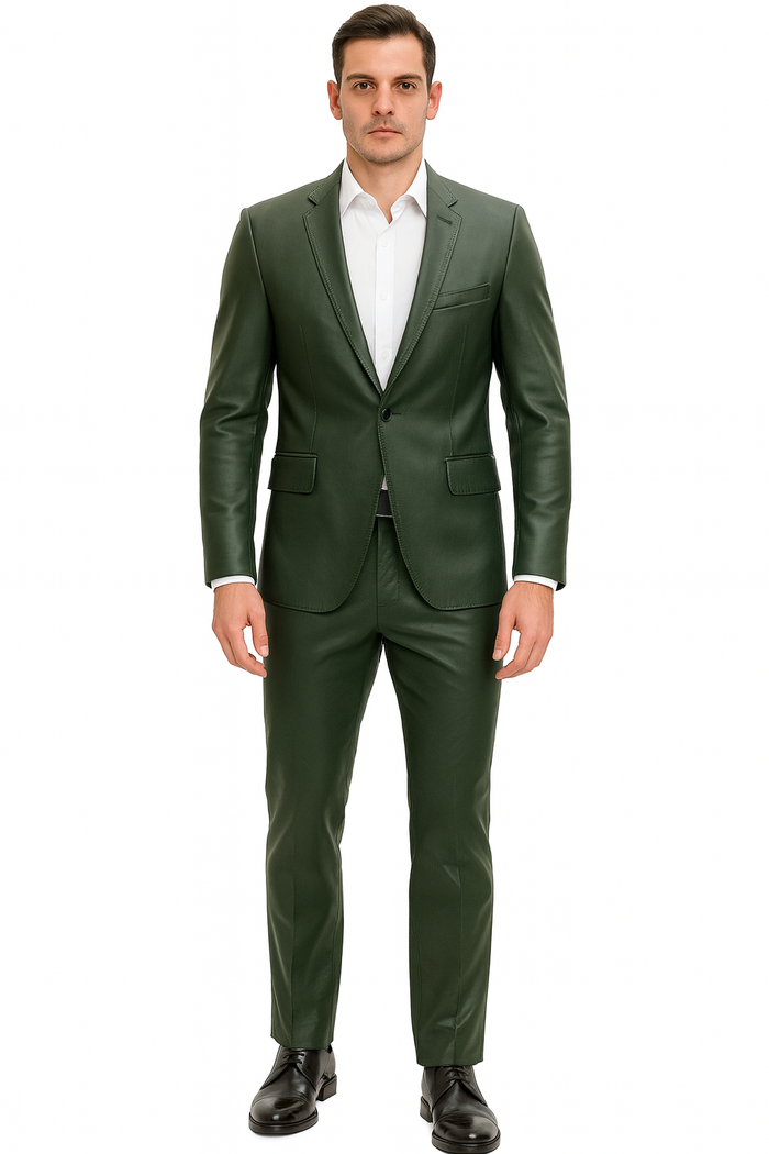Mens Olive Slim Fit Faux Leather Suit – 1 Button Notch Lapel