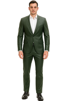 Mens Olive Slim Fit Faux Leather Suit – 1 Button Notch Lapel