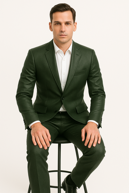 Mens Olive Slim Fit Faux Leather Suit – 1 Button Notch Lapel