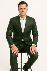 Mens Olive Slim Fit Faux Leather Suit – 1 Button Notch Lapel