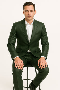 Mens Olive Slim Fit Faux Leather Suit – 1 Button Notch Lapel
