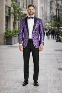 Mens One Button Black and Purple Tuxedo Smoking Jacket Blazer