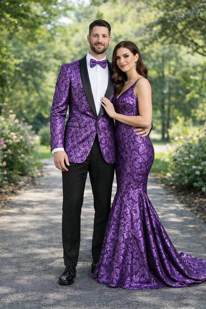 Mens One Button Black and Purple Tuxedo Smoking Jacket Blazer