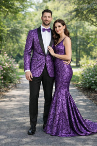 Mens One Button Black and Purple Tuxedo Smoking Jacket Blazer