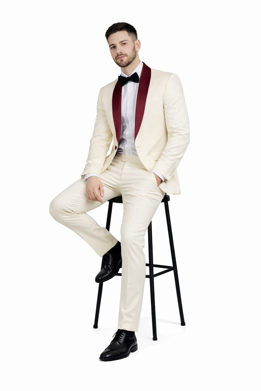 Men's Cream  Ivory One Button Cheap Priced Designer Fashion Dress Casual Blazer On Sale Burgundy Shawl Lapel Blazer - Image 4