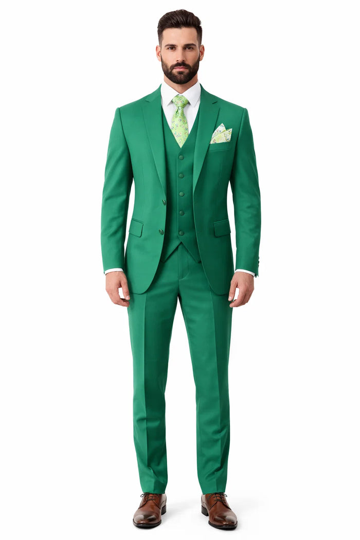 Mens One Button Notch Lapel Green Suit