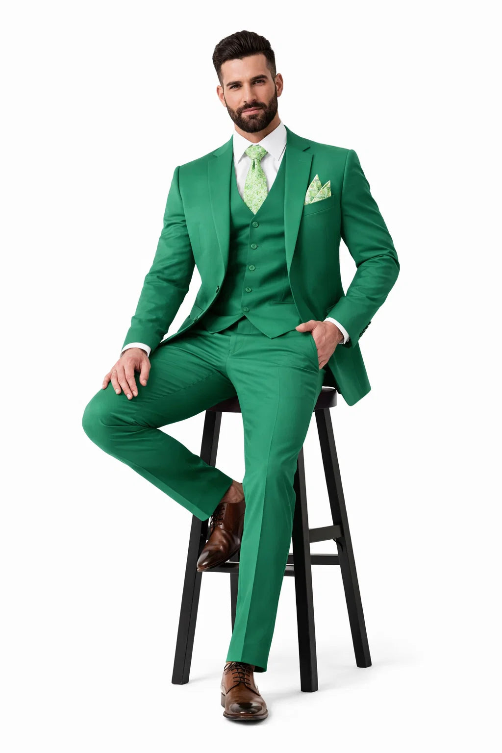 Mens One Button Notch Lapel Green Suit