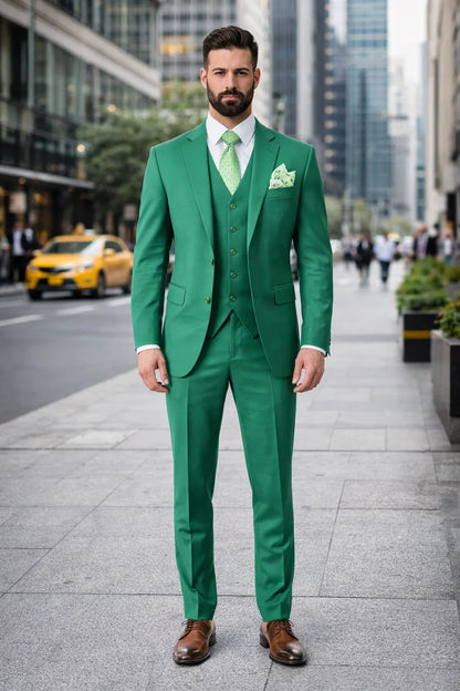 Mens One Button Notch Lapel Green Suit