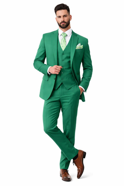 Mens One Button Notch Lapel Green Suit