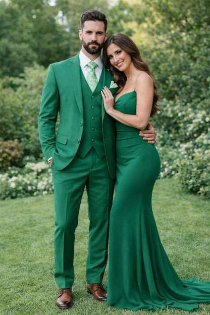 Mens One Button Notch Lapel Green Suit