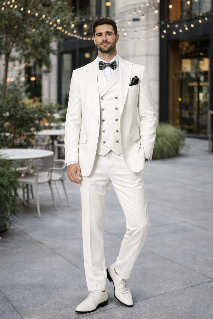 Mens One Button Notch Lapel Wide Leg Suit White
