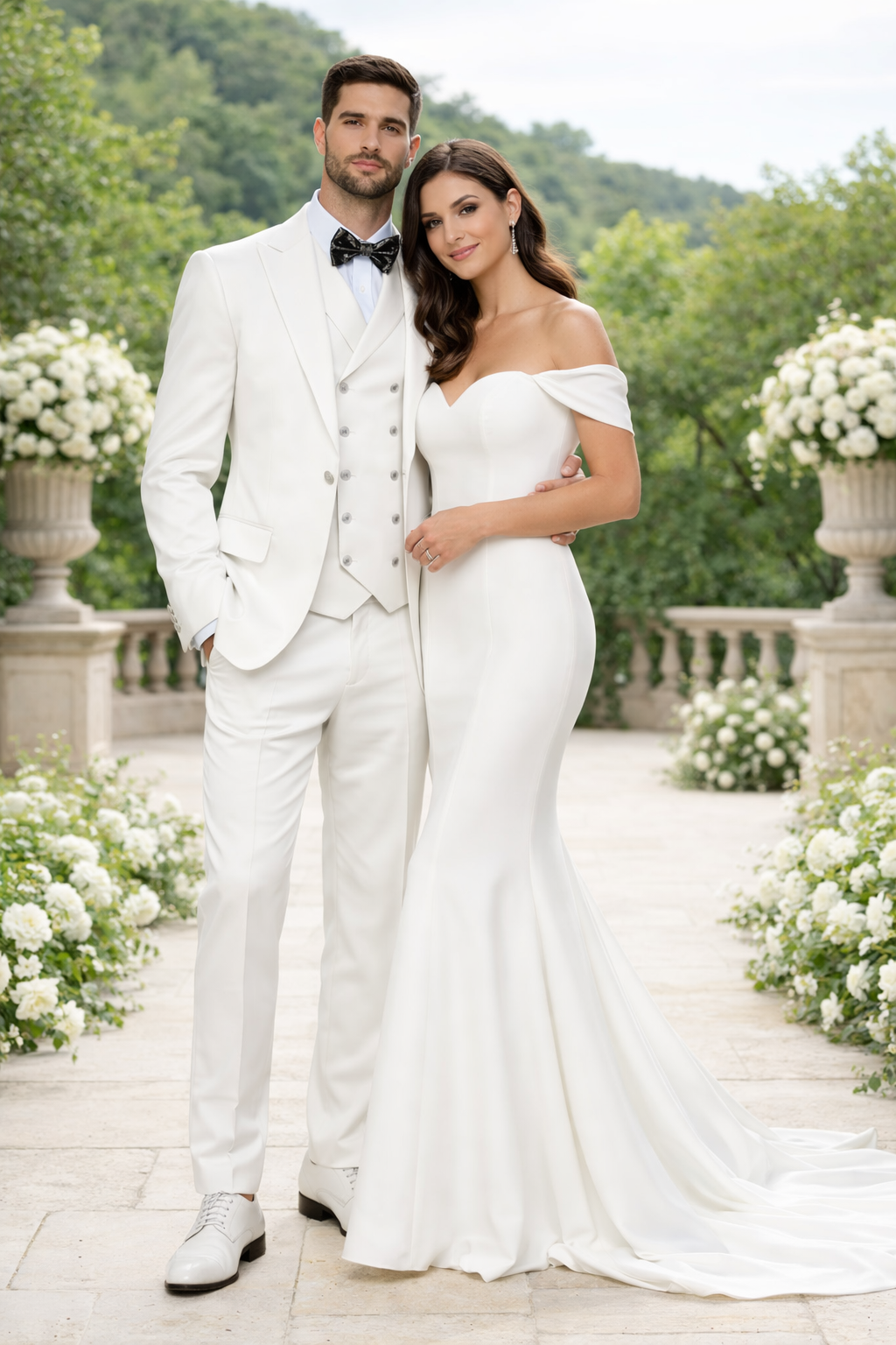 Mens One Button Notch Lapel Wide Leg Suit White