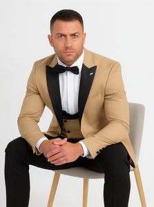 Mens One Button Peak Label Suit Tan