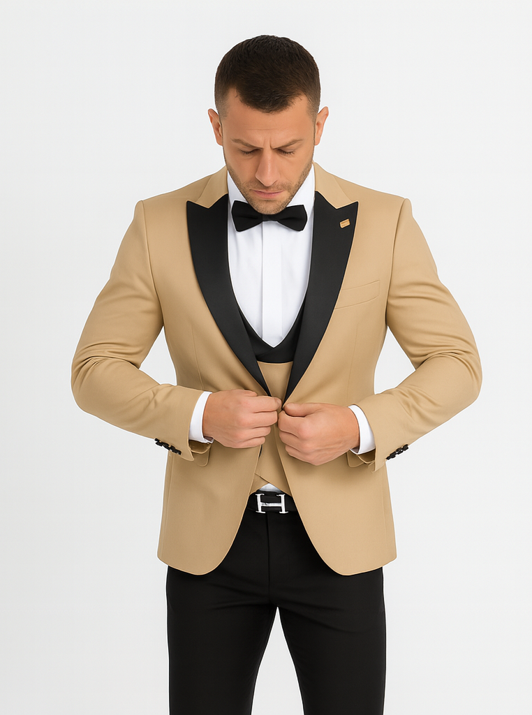 Mens One Button Peak Label Suit Tan
