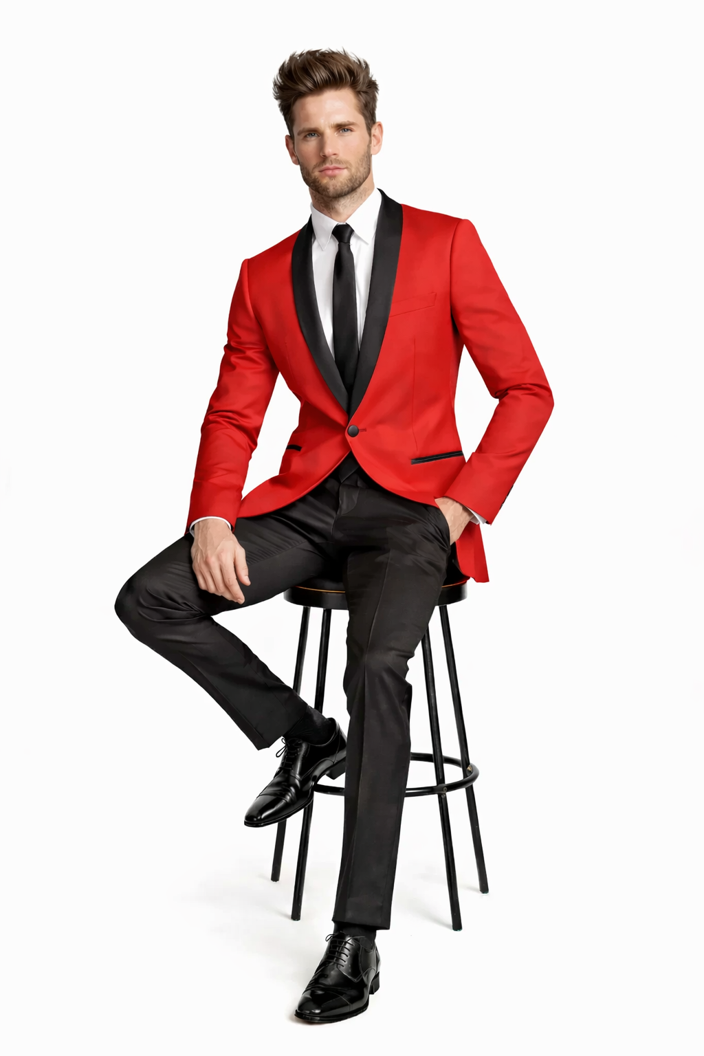 Men'S One Button Red And Black Lapel 2 Toned Tuxedo Dinner Jacket - Image 4