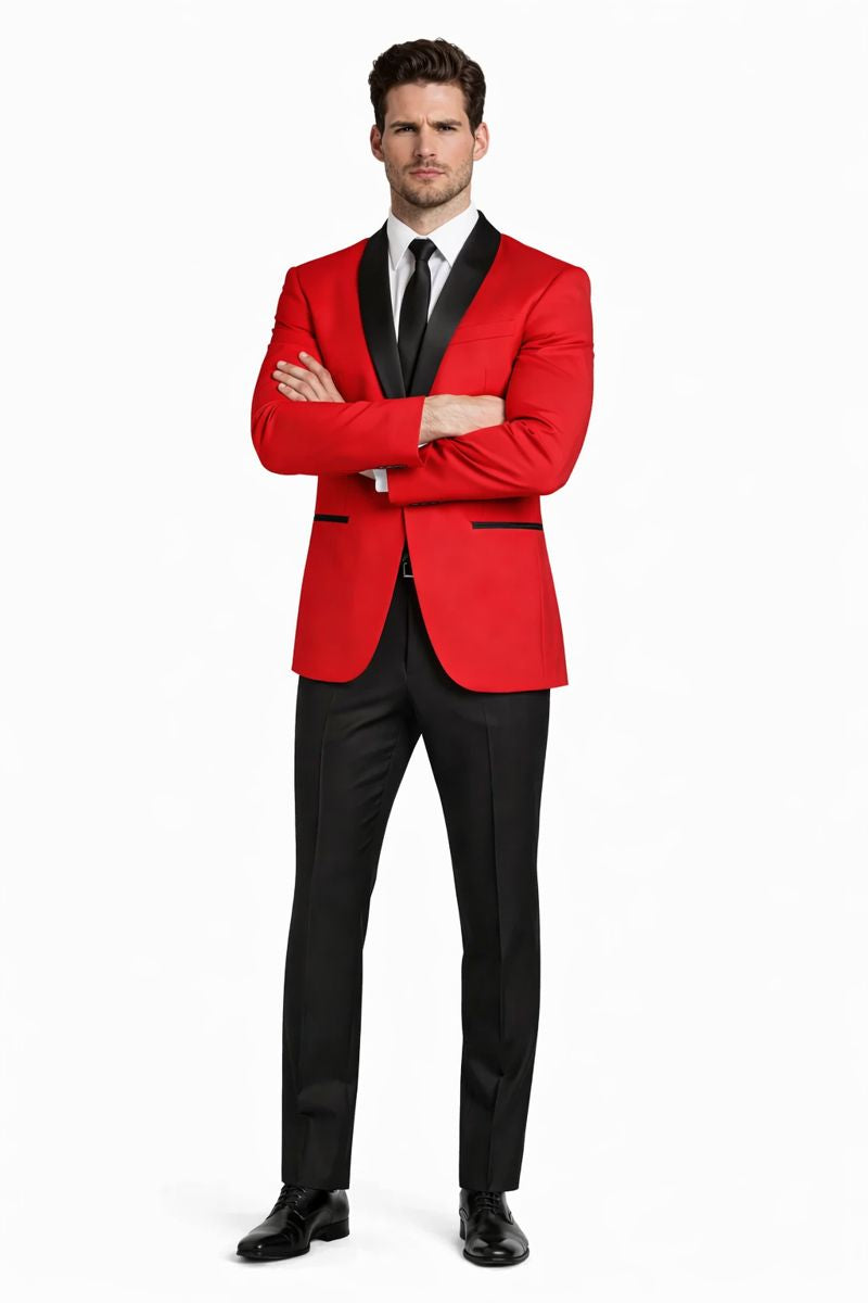 Men'S One Button Red And Black Lapel 2 Toned Tuxedo Dinner Jacket - Image 5