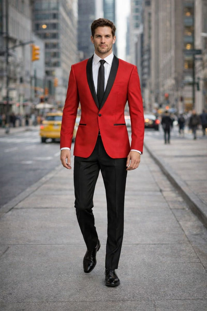 Men'S One Button Red And Black Lapel 2 Toned Tuxedo Dinner Jacket - Image 6