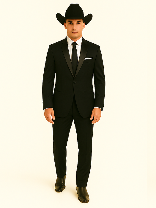 Men'S One Button Slim Fit Solid Black Side Vents Tuxedo Suit With Shawl Lapel
