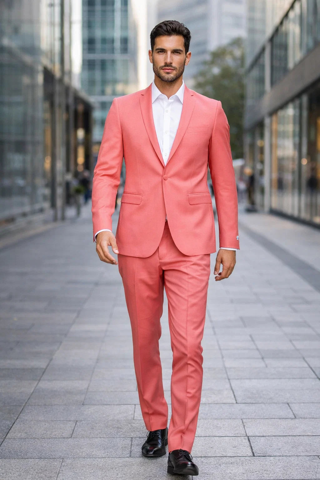 Men's One Button  Slim Fit Salmon ~ Melon ~ Peachish Pinkish ~ Coral color Peak Lapel Blazer- Slim Fit Cut