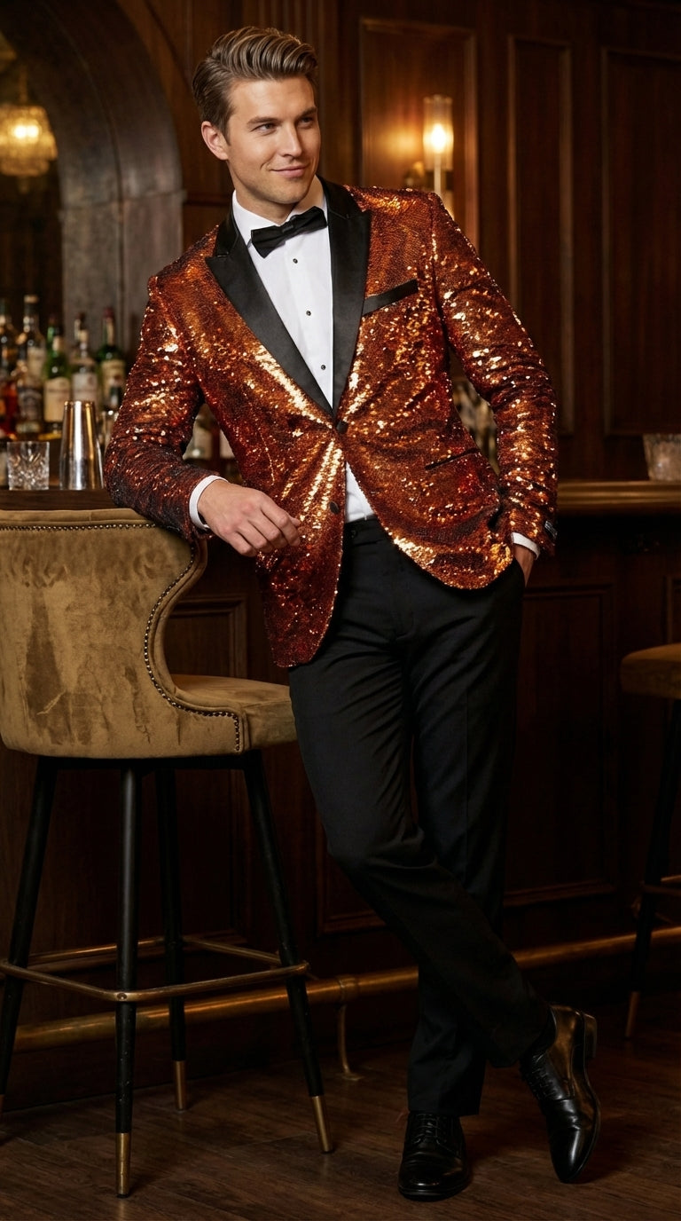 Mens Orange Sequin Blazer Tuxedo Dinner Jacket – Shiny Party Dinner Jacket with Black Lapel for Wedding, Prom, Stage Kingsman Jacket