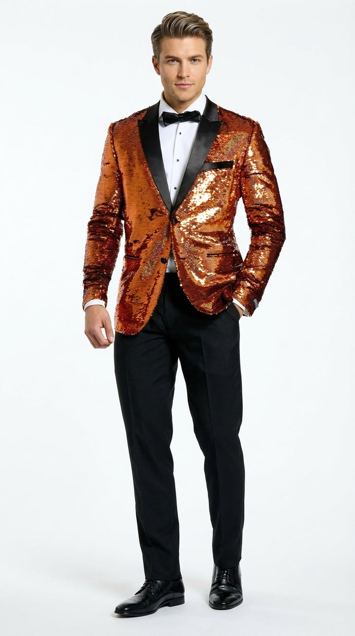 Mens Orange Sequin Blazer Tuxedo Dinner Jacket – Shiny Party Dinner Jacket with Black Lapel for Wedding, Prom, Stage Kingsman Jacket