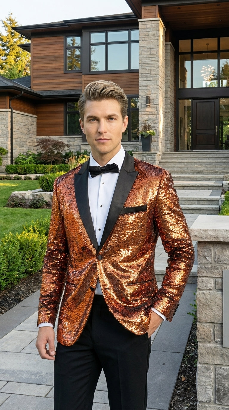 Mens Orange Sequin Blazer Tuxedo Dinner Jacket – Shiny Party Dinner Jacket with Black Lapel for Wedding, Prom, Stage Kingsman Jacket