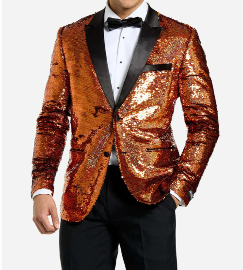 Mens Orange Sequin Blazer Tuxedo Dinner Jacket – Shiny Party Dinner Jacket with Black Lapel for Wedding, Prom, Stage Kingsman Jacket